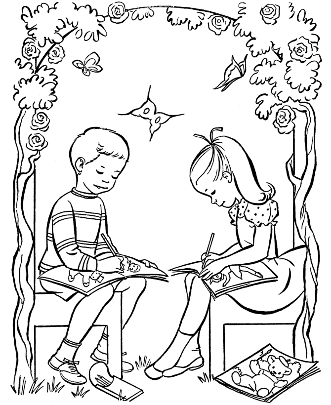 Easter Kids Fun Coloring page | boy and girl having fun coloring easter pages