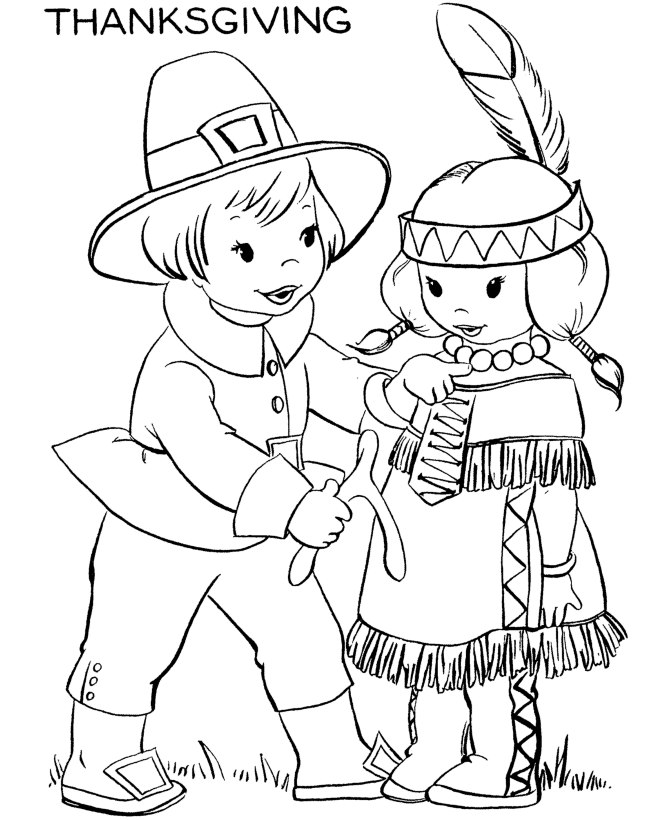 Thanksgiving Day Coloring page - Pilgrim boy with a turkey wishbone