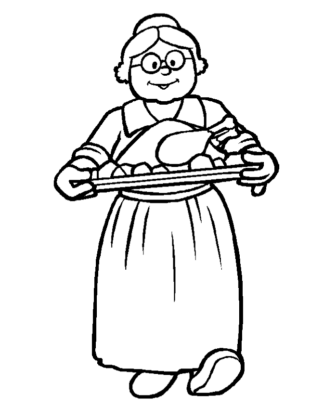 Thanksgiving Dinner Coloring Page Sheets - Pilgrim lady with baked
