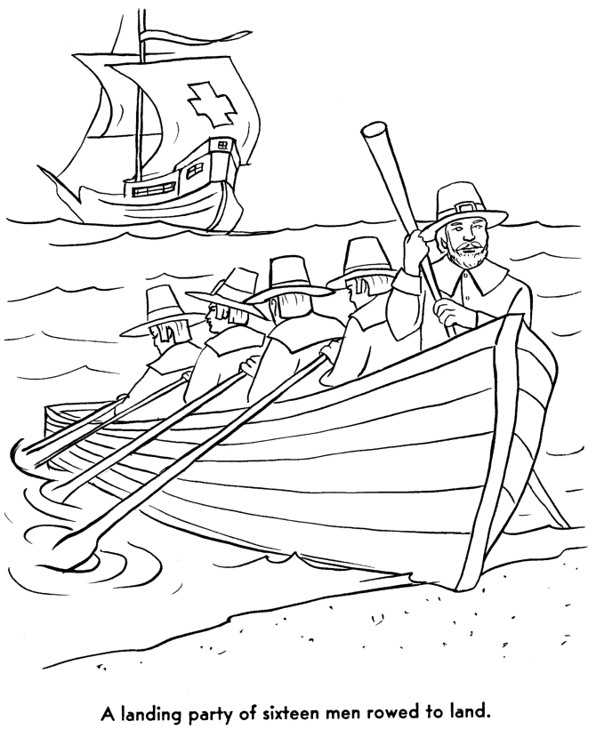  Pilgrims used a rowboat to scout a landing - Pilgrims Story of First Thanksgiving Coloring page